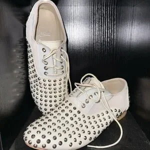 Christian Louboutin White and Silver Studded Oxfords Christian Louboutin Calf Lame Womens Spikes Roller Boat Flat  main image 4